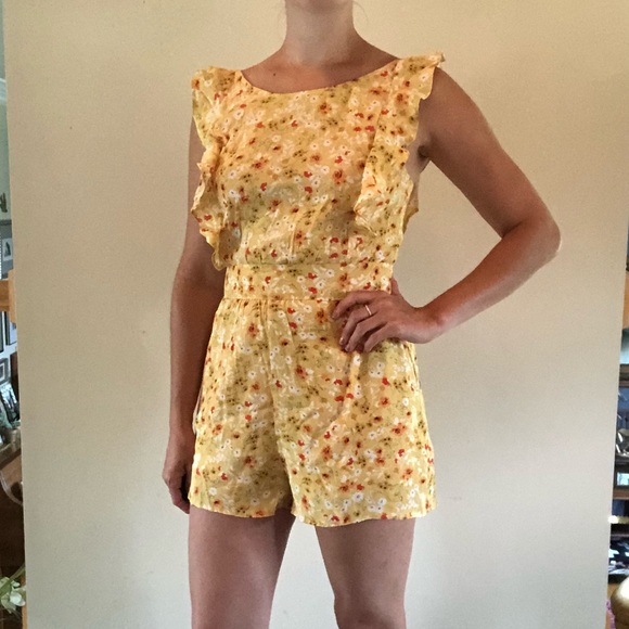 Pants - Yellow floral ruffle strap romper